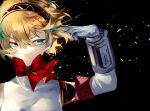  1girl aegis_(persona) armband bangs black_background blonde_hair bow bowtie floating_hair hair_between_eyes looking_to_the_side lor_(roasyerizyonirapi) open_mouth persona persona_3 portrait red_bow red_bowtie short_hair solo 