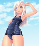  1girl absurdres blonde_hair blue_eyes blue_sky blue_swimsuit breasts cameltoe cloud cowboy_shot day flower from_below hair_flower hair_ornament highres kantai_collection long_hair old_school_swimsuit outdoors ro-500_(kancolle) school_swimsuit sky small_breasts solo standing swimsuit takafumi tan 