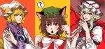  3girls :o ? absurdres animal_ears arm_belt bangs blonde_hair blue_tabard bow bowtie breasts brown_hair cat_ears chen closed_mouth commentary_request dress earrings eyebrows_visible_through_hair eyelashes fangs finger_touching fox_shadow_puppet fox_tail frilled_sleeves frills green_headwear hat hat_ribbon highres holding holding_umbrella jewelry korean_commentary kuya_(hey36253625) lips long_hair long_sleeves looking_at_viewer mandarin_collar medium_breasts mob_cap multiple_girls orange_background paw_pose pillow_hat purple_eyes purple_nails purple_tabard red_background red_bow red_dress red_eyes red_ribbon ribbon short_hair single_earring small_breasts spoken_question_mark tabard tail tassel touhou umbrella white_bow white_bowtie white_dress white_headwear white_sleeves yakumo_ran yakumo_yukari yellow_background yellow_eyes 