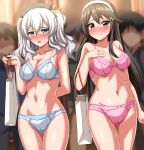  2girls 6+others absurdres bag beret black_hair black_headwear blue_eyes blush bra breasts brown_eyes cleavage commentary_request commission gloves hair_ornament hairband hairclip haruna_(kancolle) hat highres jacket kantai_collection kashima_(kancolle) looking_at_viewer multiple_girls multiple_others nose_blush panties pink_bra pink_panties shopping_bag sidelocks silver_hair skirt standing twintails underwear wavy_hair white_bra white_gloves white_hairband white_jacket white_panties white_skirt zanntetu 