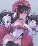  1girl aous bangs black_choker black_hair breasts cape chain choker cleavage cloak closed_mouth cowboy_shot dress forehead frilled_dress frills fur_trim gloves hand_on_own_chest headdress highleg highres ilya_(princess_connect!) korean_commentary large_breasts multicolored_hair parted_bangs princess_connect! purple_hair red_dress red_eyes simple_background smile solo strapless strapless_dress streaked_hair thighhighs thighs twintails two-tone_hair v-shaped_eyebrows white_gloves 
