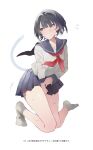  1girl bangs between_legs black_hair blue_sailor_collar blue_skirt blush breasts brown_eyes cat_girl cat_tail collarbone commentary ear_blush embarrassed flying_sweatdrops full_body hand_between_legs have_to_pee kneeling leaning_forward long_sleeves looking_to_the_side miniskirt mumu_(mumumu_gaman) neckerchief open_mouth original pleated_skirt red_neckerchief sailor_collar school_uniform serafuku short_hair sidelocks simple_background skirt small_breasts socks solo sweat tail translation_request urine_meter white_background white_legwear white_sleeves 