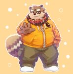  2022 anthro band-aid bandage belly big_belly black_nose bottomwear brown_body canid canine clothed clothing collar cute_fangs kemono male mammal natamaru_a overweight overweight_male pants raccoon_dog solo tanuki 