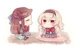  2girls :&lt; arms_at_sides bangs black_hairband black_legwear blonde_hair blue_bow blunt_ends blush bow bowtie brown_hair chibi closed_eyes closed_mouth commentary_request cushion eyebrows_visible_through_hair facing_another frilled_pillow frills grey_jacket grey_skirt hair_bow hairband half_updo heart heart_pillow jacket kneehighs long_hair looking_at_viewer miniskirt multiple_girls no_shoes on_floor open_clothes open_jacket parted_bangs pillow pink_eyes pleated_skirt profile red_bow red_bowtie saijou_claudine school_uniform seishou_music_academy_uniform shirt shoujo_kageki_revue_starlight sidelocks sitting skirt smile tendou_maya v-shaped_eyebrows wato_(ko) wavy_hair white_background white_shirt wooden_floor 