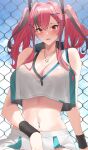  1girl azur_lane blue_sky bra breasts bremerton_(azur_lane) bremerton_(scorching-hot_training)_(azur_lane) chain-link_fence cleavage crop_top crop_top_overhang eyebrows_visible_through_hair fence green_shirt grey_hair hair_ornament heart heart_necklace highres large_breasts looking_at_viewer midriff mole mole_under_eye multicolored_hair navel_piercing official_alternate_costume outdoors piercing pink_eyes pink_hair raitho see-through_shirt shirt sky sleeveless sleeveless_shirt solo sportswear streaked_hair tennis_uniform twintails two-tone_hair two-tone_shirt two-tone_skirt underwear white_bra white_shirt wristband x_hair_ornament 
