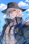  1boy :| chinese_commentary closed_mouth cloud edmond_dantes_(fate) edmond_dantes_(monte_cristo_selection)_(fate) expressionless fate/grand_order fate_(series) fedora glasses hat highres jacket jacket_on_shoulders jewelry looking_at_viewer lsuiany male_focus necklace pectorals scar silver_hair sky solo upper_body wavy_hair white_hair yellow_eyes 