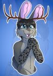  2022 absurd_res anthro antlers digital_media_(artwork) fingers fur grumpy_griffin_creations hair hands_together hi_res horn jackalope lagomorph looking_at_viewer male mammal markings nude open_mouth simple_background smile solo standing tail tongue tuft 