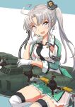  1girl ahoge aircraft airplane akitsushima_(kancolle) anchor_hair_ornament armpit_cutout clothing_cutout flying_boat fuji_(pixiv24804665) garters grey_hair hair_ornament hair_ribbon hat highres jacket kantai_collection long_hair looking_at_viewer machinery military military_uniform mini_hat nishikitaitei-chan pleated_skirt purple_eyes ribbon side_ponytail sidelocks skirt smile solo thighhighs uniform 