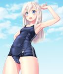  1girl absurdres alternate_skin_color blonde_hair blue_eyes blue_sky blue_swimsuit breasts cameltoe cloud cowboy_shot day from_below highres kantai_collection long_hair old_school_swimsuit outdoors ro-500_(kancolle) school_swimsuit sky small_breasts solo standing swimsuit takafumi 