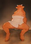  2022 anthro barely_visible_genitalia barely_visible_pussy bebebebebe biped bovid bovine breasts cattle digital_media_(artwork) female fur genitals hair hi_res hooves horn mammal orange_body orange_fur orange_hair pussy sitting solo spread_legs spreading tan_body tan_fur towel 