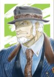  1boy amatsumara_(housamo) artist_name bara beard border brown_necktie facial_hair fedora formal goatee green_background hat kumagamike long_sideburns male_focus mature_male muscular muscular_male necktie old old_man outside_border scar scar_across_eye scar_on_face short_hair sideburns simple_background solo striped_suit suit tokyo_afterschool_summoners white_border 
