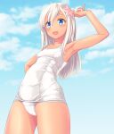  1girl absurdres blonde_hair blue_eyes blue_sky breasts cameltoe cloud cowboy_shot day flower from_below hair_flower hair_ornament highres kantai_collection long_hair old_school_swimsuit outdoors ro-500_(kancolle) school_swimsuit sky small_breasts solo standing swimsuit takafumi tan white_swimsuit 