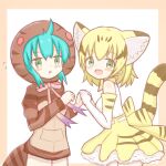  2girls :d :o animal_ear_fluff animal_ears aqua_hair bangs black_hair blonde_hair blush breasts brown_background brown_hoodie cat_ears cat_girl cat_tail commentary_request elbow_gloves eyebrows_visible_through_hair flying_sweatdrops gloves green_eyes hair_between_eyes highres hood hood_up hoodie kemono_friends medium_breasts multicolored_hair multiple_girls parted_lips pleated_skirt sand_cat_(kemono_friends) shirt skirt sleeveless sleeveless_shirt smile snake_hood snake_tail standing striped striped_hoodie sunanuko_(ramuneko) tail tsuchinoko_(kemono_friends) two-tone_background two-tone_hair white_background white_gloves white_shirt yellow_skirt 