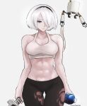  1girl abs android black_pants bottle cropped_legs english_commentary exercise hair_over_one_eye highres nier nier_(series) nier_automata pants pod_(nier_automata) robot shirt short_hair tank_top thighs tommy_(kingdukeee) towel training virtuous_contract water_bottle white_hair white_shirt white_tank_top yoga_pants yorha_no._2_type_b 