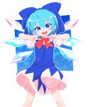  1girl \m/ ahoge bloomers blue_bow blue_dress blue_eyes blue_hair border bow bowtie cirno commentary_request cowboy_shot dress eyebrows_visible_through_hair eyelashes hair_bow happy highres ice ice_wings looking_at_viewer open_mouth pinafore_dress puffy_short_sleeves puffy_sleeves red_bow red_bowtie sakurajyousui_nami shirt short_hair short_sleeves teeth touhou underwear upper_teeth white_bloomers white_border white_shirt wings 