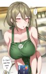  ... 1girl absurdres apron bare_shoulders blush breasts brown_hair cleavage collarbone commentary credit_card english_text green_apron hair_between_eyes hair_ornament heart heart-shaped_pupils highres huge_breasts iced_latte_with_breast_milk_(meme) leaning_forward long_hair looking_at_viewer low_ponytail meme mole mole_under_mouth motion_lines naked_apron open_mouth original purple_eyes solo speech_bubble spoken_ellipsis standing symbol-shaped_pupils trembling very_long_hair yakimi_27 