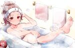  1girl absurdres baileys_(tranquillity650) bath bathing bathtub blonde_hair breasts completely_nude convenient_arm convenient_leg gradient_hair highres kantai_collection long_hair medium_breasts multicolored_hair nude partially_submerged red_eyes red_hair sitting solo towel yuudachi_(kancolle) yuudachi_kai_ni_(kancolle) 