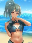  absurdres aqua_skirt beach blue_sky bow bowtie bra breasts clothes_lift dangan_kurabu day eyebrows_visible_through_hair green_bra green_hair green_skirt grey_hair hair_between_eyes hair_bow highres horizon kantai_collection lifted_by_self looking_at_viewer navel ocean orange_bow orange_bowtie outdoors pantyhose pleated_skirt ponytail sailor_collar sand school_uniform serafuku shirt_lift short_sleeves skirt sky small_breasts smile swimsuit tank_top twitter_username underwear water white_sailor_collar yuubari_(kancolle) 