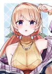  .live blonde_hair blush breasts cleavage commentary_request earrings fingernails gyaru hair_ornament hcstyrus_ii highres jacket jewelry kogal large_breasts long_hair looking_at_viewer low_twintails nanahoshi_milily twintails virtual_youtuber 