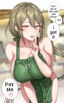  1girl absurdres apron bare_shoulders blush breasts brown_hair cleavage collarbone commentary english_text green_apron hair_between_eyes hair_ornament hand_up heart heart-shaped_pupils highres huge_breasts iced_latte_with_breast_milk_(meme) index_finger_raised leaning_forward long_hair looking_at_viewer low_ponytail meme mole mole_under_mouth motion_lines naked_apron open_mouth original purple_eyes solo speech_bubble spoken_heart standing symbol-shaped_pupils very_long_hair yakimi_27 