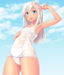  1girl absurdres blonde_hair blue_eyes blue_sky breasts cameltoe cloud covered_nipples cowboy_shot day flower from_below hair_flower hair_ornament highres kantai_collection long_hair old_school_swimsuit outdoors ro-500_(kancolle) school_swimsuit sky small_breasts solo standing swimsuit takafumi tan white_swimsuit 