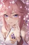  1girl bare_shoulders blurry blurry_foreground breasts brooch cherry_blossoms depth_of_field detached_sleeves earrings flower genshin_impact hand_up highres japanese_clothes jewelry long_hair long_sleeves looking_at_viewer marinesnow open_mouth pink_flower pink_hair purple_eyes smile solo wide_sleeves yae_miko 