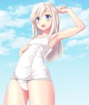  1girl absurdres alternate_skin_color blonde_hair blue_eyes blue_sky breasts cameltoe cloud cowboy_shot day from_below highres kantai_collection long_hair old_school_swimsuit outdoors ro-500_(kancolle) school_swimsuit sky small_breasts solo standing swimsuit takafumi white_swimsuit 