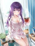  1girl breast_pocket breasts button_gap cleavage coffee coffee_mug collarbone collared_shirt cup curtains day dress_shirt highres holding indoors large_breasts long_hair long_sleeves looking_at_viewer mug naked_shirt navel original plant pocket potted_plant purple_eyes purple_hair shirt sitting smile solo sunlight thighs white_shirt window yumesaki 