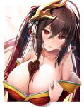  1girl absurdly_long_hair areola_slip areolae azur_lane bangs bare_shoulders black_ribbon blush breasts candy chocolate chocolate_on_breasts cleavage crossed_bangs eyebrows_visible_through_hair food hair_between_eyes hair_ribbon heart heart-shaped_chocolate heart-shaped_pupils highres huge_breasts hukairi_botan japanese_clothes kimono long_hair looking_at_viewer mask mask_on_head melting off-shoulder_kimono outside_border red_eyes red_kimono red_ribbon ribbon solo symbol-shaped_pupils taihou_(azur_lane) twintails upper_body valentine very_long_hair 