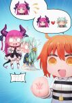  !? 3girls absurdres aqua_hair back_bow bangs belt black_dress black_ribbon blue_background blue_kimono blush boots bow breath chibi closed_mouth collared_dress command_spell commentary_request diamond_(shape) dragon_girl dragon_tail dress elizabeth_bathory_(fate) elizabeth_bathory_(fate/extra_ccc) embarrassed emphasis_lines eyebrows_visible_through_hair fate/extra fate/extra_ccc fate/grand_order fate_(series) flat_chest frilled_sleeves frills fujimaru_ritsuka_(female) full_body gradient gradient_background hair_ornament hand_up hands_up happy heart highres horn_ornament horn_ribbon horns japanese_clothes kimono kiyohime_(fate) knee_boots kneeling long_hair long_sleeves looking_at_another looking_back multiple_girls nose_blush o_o obi open_mouth orange_eyes orange_hair pee peeing peeing_self pink_hair pointy_ears puddle purple_horns ribbon rune_(pixiv_25170019) sash shiny shiny_hair short_hair sidelocks simple_background smile solid_circle_eyes speech_bubble split_mouth spoken_interrobang standing steam tail thighhighs white_dress white_eyes white_footwear white_horns white_legwear yellow_bow 