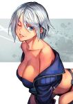  1girl angel_(kof) bangs blue_eyes bra breasts chaps cropped_jacket hair_over_one_eye hinoru_saikusa jacket large_breasts leather leather_jacket lips looking_at_viewer off_shoulder one_eye_closed open_clothes open_jacket snk solo strapless strapless_bra the_king_of_fighters the_king_of_fighters_xiv the_king_of_fighters_xv underwear white_hair 