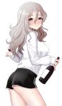  1girl alcohol alternate_costume bangs black_shorts blush bottle breasts cup drinking_glass grey_hair hair_between_eyes highres holding holding_bottle holding_cup kantai_collection large_breasts long_hair long_sleeves parted_lips pola_(kancolle) shirt short_shorts shorts simple_background solo white_shirt wine wine_glass yomogi_dango 