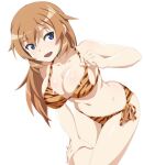  1girl animal_print bikini blue_eyes blush breasts brown_hair charlotte_e._yeager cleavage eyebrows_visible_through_hair large_breasts long_hair nanashino navel open_mouth shiny shiny_hair shiny_skin side-tie_bikini simple_background smile solo strike_witches swimsuit tiger_print white_background world_witches_series 