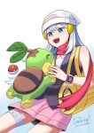  1girl artist_name bag ban_hada bangs beanie black_vest blue_eyes blue_hair cosplay dawn_(pokemon) dawn_(pokemon)_(cosplay) eyebrows_behind_hair hat highres holding holding_pokemon long_hair nijisanji nijisanji_kr pink_skirt poke_ball poke_ball_(basic) pokemon pokemon_(creature) pokemon_(game) pokemon_bdsp red_scarf rockoon scarf skirt solo_focus thigh_strap turtwig vest virtual_youtuber watch white_headwear wristwatch 