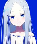  1girl absurdres bare_shoulders blue_background blue_eyes blue_ribbon camui1104 collarbone colored_eyelashes dress hair_ribbon highres long_hair looking_at_viewer open_mouth pandora_(re:zero) re:zero_kara_hajimeru_isekai_seikatsu ribbon silver_hair simple_background smile solo white_dress 