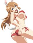  1girl animal_ears ass bikini blue_eyes blush breasts brown_hair charlotte_e._yeager eyebrows_visible_through_hair large_breasts long_hair looking_at_viewer nanashino open_mouth rabbit_ears rabbit_tail red_bikini shiny shiny_hair shiny_skin side-tie_bikini simple_background smile solo strike_witches swimsuit tail white_background world_witches_series 