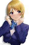  1girl absurdres blue_bow blue_bowtie blush bow bowtie brown_hair closed_mouth eyebrows_visible_through_hair food food_on_face highres koizumi_hanayo long_hair looking_at_viewer love_live! love_live!_school_idol_project nakano_maru pink_eyes rice rice_on_face school_uniform short_hair simple_background solo twitter_username upper_body white_background 