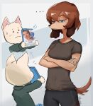  anthro canid canine canis clothed clothing crossed_arms digital_media_(artwork) domestic_dog duo female fur gumbo_(colo) hair hi_res kugi male male/female mammal misha_(colo) shirt simple_background topwear 