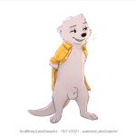  1:1 2021 animal_genitalia anthro balls biped bottomless clothed clothing fully_sheathed fur genitals hands_behind_back letodoesart lutrine male mammal mustelid pebble_(letodoesart) sheath simple_background standing topwear white_background white_body white_fur yellow_clothing 