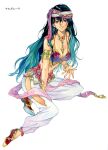  1girl agahari anklet aqua_hair arabian_clothes arm_support armlet bare_shoulders beads between_breasts black_hair bra bracelet breasts character_request circlet clothing_cutout coin_(ornament) collarbone earrings full_body gem hair_between_eyes harem_outfit harem_pants head_scarf jewelry long_hair looking_at_viewer lost_technology navel necklace non-web_source outstretched_hand pants purple_bra purple_eyes purple_headwear red_footwear shoe_soles shoes side_cutout simple_background sitting smile solo spaghetti_strap tassel underwear very_long_hair white_background yokozuwari 