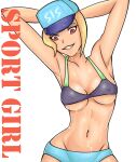  1girl armpits arms_behind_head arms_up bikini blonde_hair breasts covered_nipples curvy eyebrows eyelashes eyeliner hat lips looking_down makeup medium_breasts navel original red_eyes saberrung simple_background smile stomach sweat swimsuit teeth wet white_background 