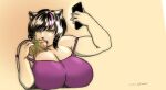  anthro big_breasts bored breasts catti_(deltarune) cleavage clothed clothing colored_nails deltarune domestic_cat ear_piercing ear_ring eatting english_text eyeliner fangs felid feline felis female food front_view fur hair half-closed_eyes half-length_portrait hi_res highlights_(coloring) holding_object holding_phone hot_dog huge_breasts japanese_text kannoie looking_at_object looking_at_phone makeup mammal nails narrowed_eyes on_phone phone piercing pink_highlights pink_nails portrait short_hair signature simple_background solo text tight_clothing tight_tank_top tight_topwear topwear undertale_(series) video_games white_body white_fur yellow_sclera 