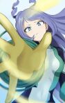  1girl absurdres action blue_background blue_eyes blue_hair blush boku_no_hero_academia fengling_(furin-jp) frown gloves hadou_nejire highres looking_at_viewer pout simple_background solo tight uniform 