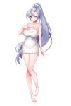  1girl absurdres bad_feet barefoot blue_eyes braid breasts full_body grey_hair highres large_breasts long_hair looking_at_viewer naked_towel simple_background smile solo standing tachi-e towel uzura_(moimoi) white_background 