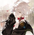  1boy alternate_costume bishounen black_gloves black_jacket blue_eyes chest_jewel earrings eyeshadow fate/apocrypha fate/grand_order fate_(series) gem gloves hand_on_own_cheek hand_on_own_face heart highres jacket jewelry karna_(fate) looking_at_viewer makeup male_focus open_clothes open_jacket pale_skin red_eyeshadow single_earring smile solo sqloveraven upper_body white_hair 