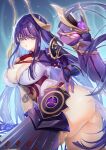  1girl armor ass bangs breasts bridal_gauntlets cleavage doll_joints genshin_impact gloves hair_ornament highleg highleg_leotard highres japanese_armor joints large_breasts leotard long_hair looking_at_viewer mole mole_under_eye obiwan parted_lips purple_eyes purple_gloves purple_hair purple_leotard raiden_shogun solo thighs very_long_hair 