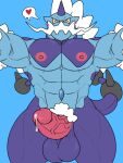  &lt;3 abs anthro balls big_balls blue_background blue_body bodily_fluids castrodour erection genital_fluids genitals hair hi_res horn humanoid_genitalia humanoid_penis legendary_pok&eacute;mon male muscular muscular_anthro muscular_male nintendo nipples pecs penis pok&eacute;mon pok&eacute;mon_(species) precum pubes simple_background solo thick_thighs thundurus thundurus_(therian_form) video_games white_hair 