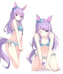  1girl :t absurdres animal_ears bangs bare_arms bare_legs bare_shoulders barefoot bikini blue_bikini blush cropped_legs ear_bow flat_chest frilled_bikini frills highres horse_ears horse_girl horse_tail kanzakietc kneeling long_hair looking_at_viewer mejiro_mcqueen_(umamusume) multiple_girls navel one_eye_closed own_hands_together pout purple_eyes purple_hair side-tie_bikini swimsuit tail umamusume v-shaped_eyebrows 