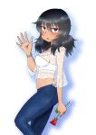  1girl alternate_hairstyle andou_(girls_und_panzer) bangs black_eyes black_hair blue_pants blush bracelet casual commentary_request cowboy_shot dark-skinned_female dark_skin denim flower from_side girls_und_panzer half-closed_eyes holding holding_flower jeans jewelry long_sleeves looking_at_viewer low_twintails medium_hair messy_hair midriff_peek open_mouth pants red_flower red_rose ring rose salt-apple see-through shirt solo standing twintails white_shirt 