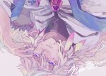  1boy androgynous bishounen black_shirt cloak facing_up fate/grand_order fate_(series) long_hair looking_up lying masuo1992 merlin_(fate) messy_hair on_back purple_eyes shirt white_background white_cloak white_hair 